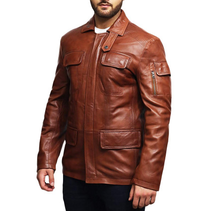 Men's Leather Jacket Real Lambskin Trench Safari Coat Washed Timber