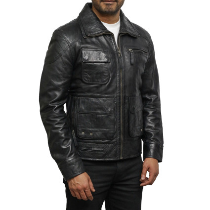 Men's Black Leather Jacket - Jazz