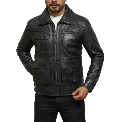 Men's Black Leather Jacket - Jazz