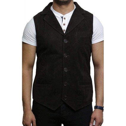 Mens Leather Waistcoat From Smooth Exclusive Goat Suede Classic Smart Black Leather Waistcoat