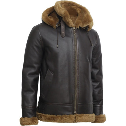 Men's Hooded Aviator Real Shearling Sheepskin Leather Bomber Flying Jacket