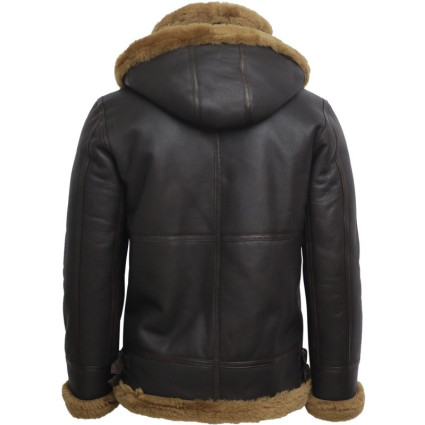 Men's Hooded Aviator Real Shearling Sheepskin Leather Bomber Flying Jacket