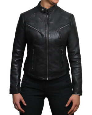 Women’s Slim Fit Nappa Leather Biker Jacket Zip Pockets & Stand Collar - black