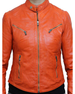 Women’s Slim Fit Nappa Leather Biker Jacket Zip Pockets & Stand Collar - orange