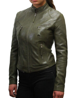 Women’s Slim Fit Nappa Leather Biker Jacket Zip Pockets & Stand Collar - olive