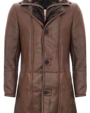 Men’s Brown Shearling Sheepskin Double Collar Winter Coat - brown