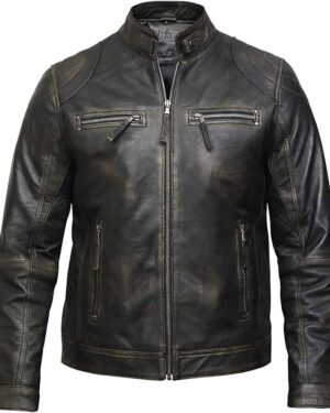 Men’s Vintage Lambskin Racing Style Leather Biker Jacket Slim Fit - black-rubboff