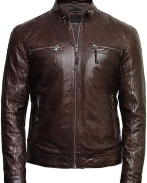 Men’s Vintage Lambskin Racing Style Leather Biker Jacket Slim Fit - brown