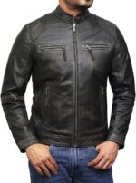 Herre vintage lammeskinnsjakke i racingstil med skinn, slim fit