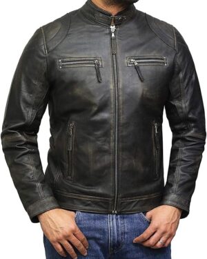 Herre vintage lammeskinnsjakke i racingstil med skinn, slim fit