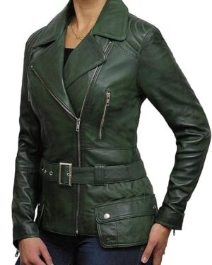 Women’s Slim Fit Longline Nappa Leather Biker Jacket with Asymmetric Zip - olive