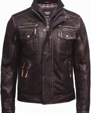 Herre vintage krøllete slitt retro biker-stil skinnjakke
