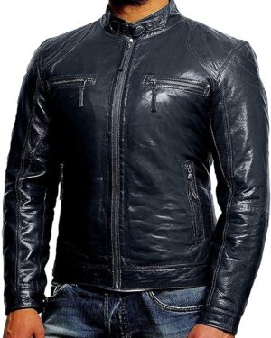 Men’s Vintage Lambskin Racing Style Leather Biker Jacket Slim Fit - black