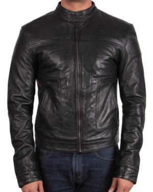 Men’s Classic Cafe Racer Style Leather Biker Jacket - black