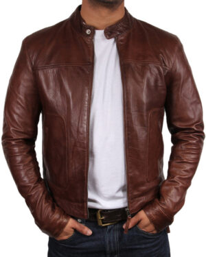 Men’s Classic Cafe Racer Style Leather Biker Jacket