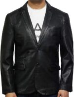 Men’s Slim-Fit Black Leather Blazer Jacket