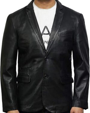 Men’s Slim-Fit Black Leather Blazer Jacket