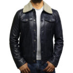 Men’s Real Leather Trucker Jacket with Removable Collar