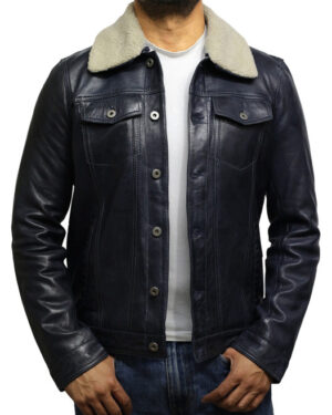 Men’s Real Leather Trucker Jacket with Removable Collar