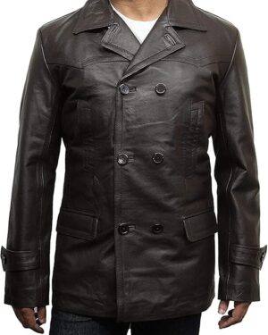 Men’s Vintage Classic Double-Breasted Leather Peacoat