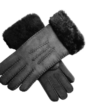 Women's Luxury Sheepskin Suede Gloves with Plush Fur Trim - black