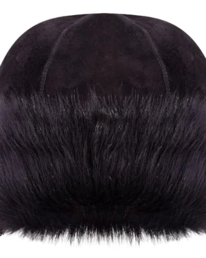 Luxurious Black Round Bucket Hat in 100% Sheepskin Shearling Leather