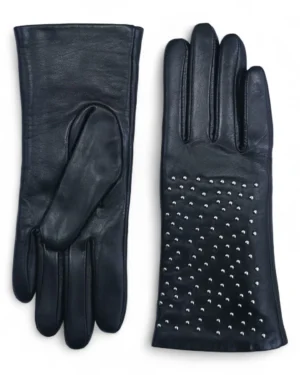 Women's Premium Italian Leather Studded Winter Gloves with Soft Wool Lining - black