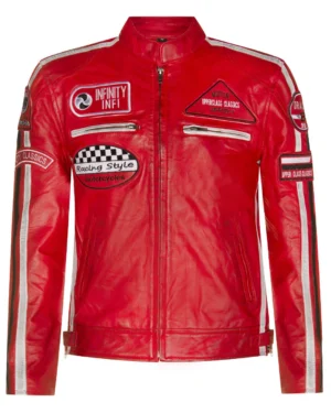 Men’s Racing Moto Biker Leather Jacket with Badge - red