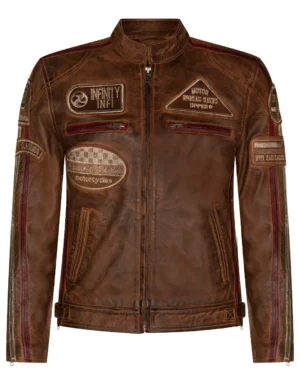 Men’s Racing Moto Biker Leather Jacket with Badge - tan