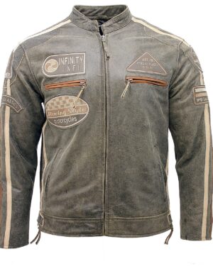 Men’s Racing Moto Biker Leather Jacket with Badge - brown