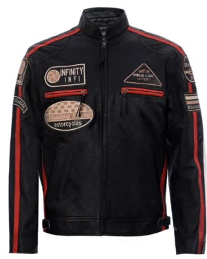 Men’s Racing Moto Biker Leather Jacket with Badge